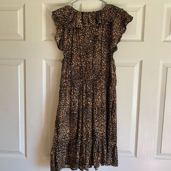 Old Navy large black brown Wasit defined ruffle trim mini dress cheetah animal - Picture 8 of 10
